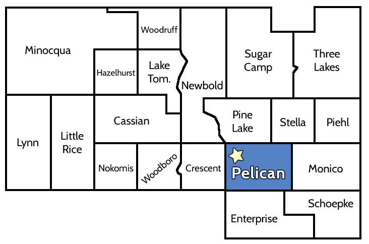 Map of Oneida County, WI townships, with Town of Pelican highlighted